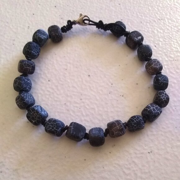 Frosted Black Dragonvein Agate Cubes! Hand Knotted Bracelet fits 7.5-8" Wrist - Picture 1 of 7